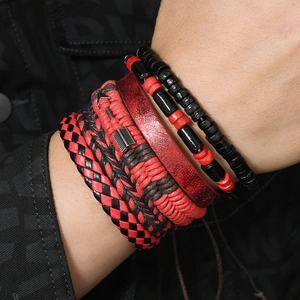 Men's retro multi-layer beaded bracelet set with silver arrow charm and braided ropes