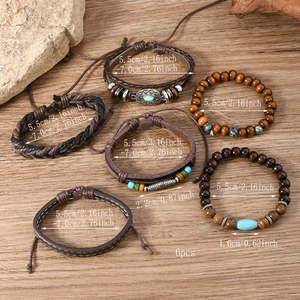 Detail of 6pcs bohemian multilayer bracelets featuring wood beads and vintage charms