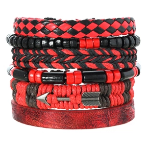 Vintage 6-piece men's beaded bracelet set featuring red and black woven leather with arrow charm