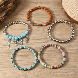 Bohemian 5-piece multilayer stretch bead bracelet set with cactus and butterfly charms