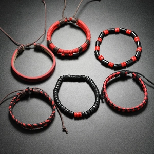 Handmade 6-piece men's bracelet set with red and black beaded ropes and leather