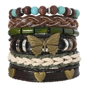 6pcs bohemian set with turquoise beads, wood beads, leaf charms, and leather wraps