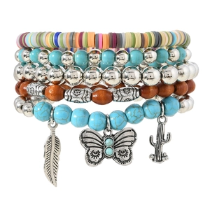 Bohemian multi-layer elastic beaded bracelet set with cactus and butterfly charms