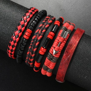 Retro multi-layer 6-piece men's bracelet set with beads and arrow charm in red and black