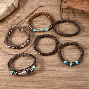 Detailed flat lay of a 6-piece bohemian beaded bracelet set with bull head and wood beads