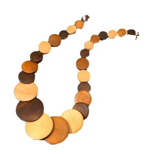 Vintage round wooden disc pendant necklace for women in natural brown wood tones