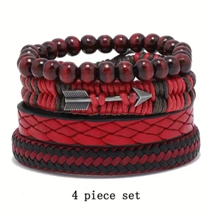 Detail of 4-piece set showing red and black woven leather, wood beads and metal arrow charm