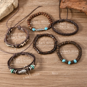Close-up of 6-piece bohemian beaded bracelet set showing wooden beads and bull head pendant