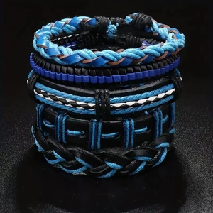 Multilayer braided leather bracelet set with nautical steering wheel and anchor charms