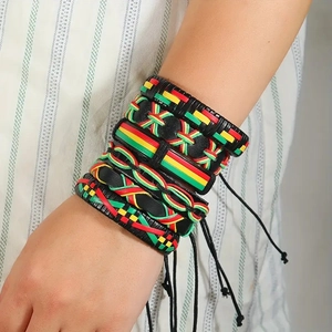 Handmade multilayer braided leather bracelets with red yellow green rasta rope design
