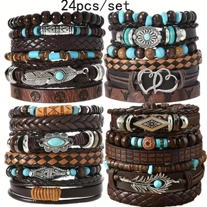Bracelet en Cuir Multicouche Vintage Bohème Charme Cœur Plume en Alliage Perles de Bois Bijoux Ethniques Tressés Femme Homme
