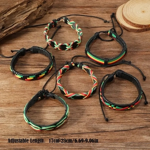 6-piece handmade woven leather bracelet set in retro reggae style with adjustable length