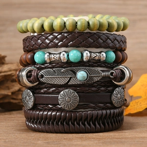 6pcs bohemian multilayer beaded bracelet set with turquoise wood beads and feather charm