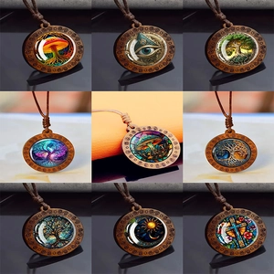 Collier Pendentif En Bois Vintage Motifs Mixtes Champignon Croix Arbre De Vie Oeil Patch En Verre Bijoux Ethniques Bohèmes