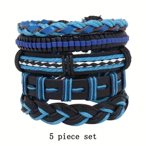 Detailed set of 5 vintage handmade braided bracelets with blue beads and leather straps