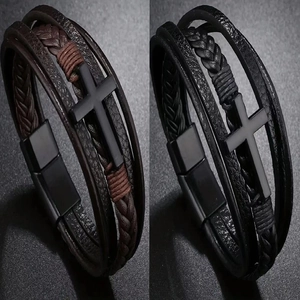 Men Retro Leather Multi Layer Woven Bracelet With Alloy Cross Charm And Magnetic Buckle Punk Style Men Jewelry
