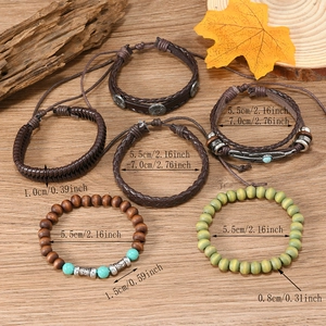 Detail of 6pcs bohemian bracelet set with turquoise beads and feather leaf charms