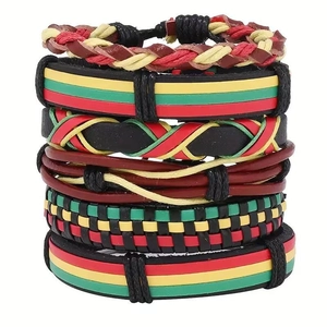 Detail of multi-layer Rasta style braided leather bracelets in red, yellow, green and black