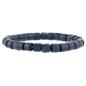 Detailed view of the cylindrical wooden beaded bracelet in dark blue and gray tones