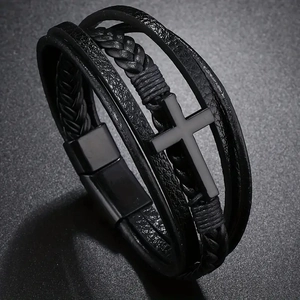 Men's vintage multilayer braided black leather bracelet with cross and magnetic clasp