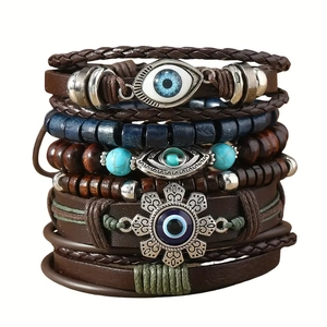Retro multi-layer wooden bead bracelet set with Evil Eye charms and leather cords
