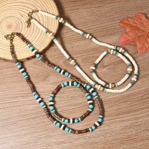 Boho Türkis Holzperlen Halskette Armband Set Handgewebt Kokosnussschale Retro Ethno Schmuck Für Damen Täglich Urlaub
