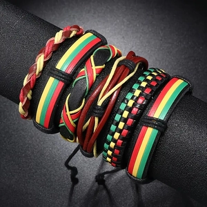 Detail of 6-piece handmade woven bracelets with leather and multi-layer cord textures