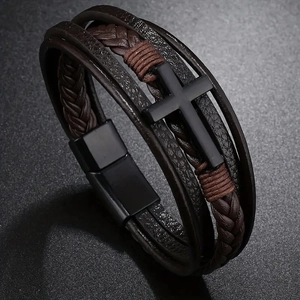 Men's multilayer braided leather bracelet with black cross and magnetic clasp
