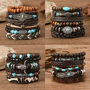Bohemian Retro Leather Wood Bead Bracelet Set Bull Head Feather Tree Of Life Evil Eye Ethnic Multi Layer Jewelry