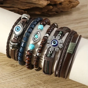 Bohemian multi-layer evil eye bracelet set with wooden beads and braided leather cords