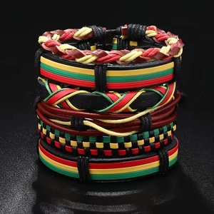 Set of 6 vintage multilayer Rasta bracelets with hand-woven leather and anchor charms