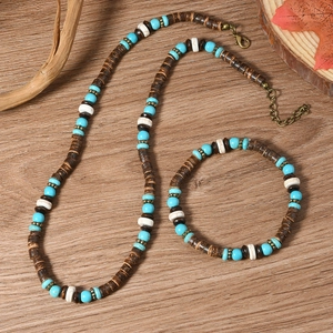 Boho-Set aus Türkis- und Kokosnussschalen-Perlen Halskette und Armband für Damen