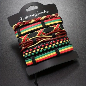 Detail of 6-piece multilayer braided reggae style bracelets with leather and bead details