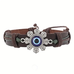 Retro multi-layer wooden bead and leather bracelet set with blue evil eye charm