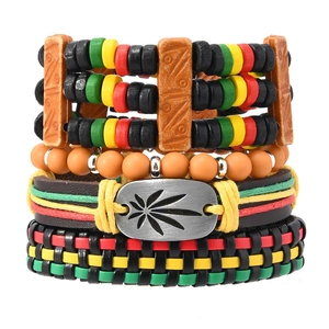 Bohemian multilayer beaded bracelet set with Rasta colors and maple leaf charm