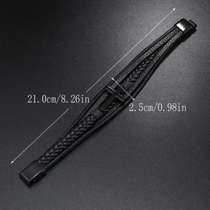 Detail view of black woven leather bracelet showing magnetic clasp and dimensions