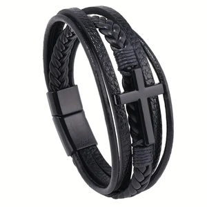 Men's multi-layer braided black leather bracelet with a metallic cross and magnetic clasp