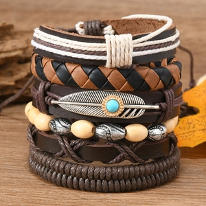 Bohemian multilayer bracelet set featuring turquoise feather charm and wooden beads