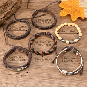 Detailed size chart for bohemian 6-piece bracelet set with wood beads and metal feathers