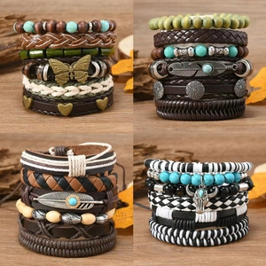 Bohemian Vintage Multi-layer Leather Bead Bracelet Set For Men Women Butterfly Feather Bull Head Leaf Artificial Turquoise Ethnic Jewelry