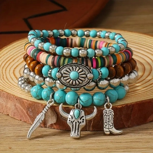Bohemian Vintage Feather Bull Head Cowboy Boot Multi-Layer Wood Bead Bracelet Set For Men Women Ethnic Jewelry Gift