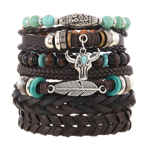 Lot de 6 bracelets bohèmes multicouches pour hommes avec pendentifs tête de taureau