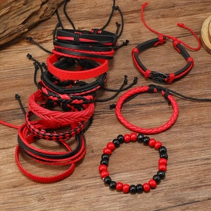 Men retro multilayer leather bracelet set with red black beads and tree of life charm