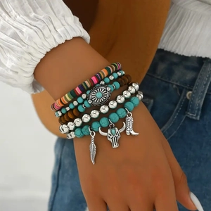 Bohemian multilayer beaded bracelet set with silver feather, bull head and boot charms