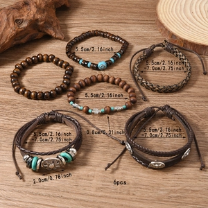 Detail shot of a 6-piece vintage men's multi-layer leather and wooden bead bracelet set