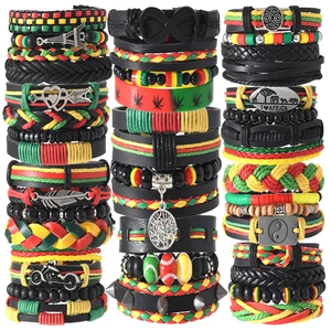 Bracelet Tressé Multi-couches en Cuir PU et Alliage de Zinc Vintage Bohème Pendentif Moto Yin Yang Feuille Bijoux Ethniques Rasta Pour Hommes