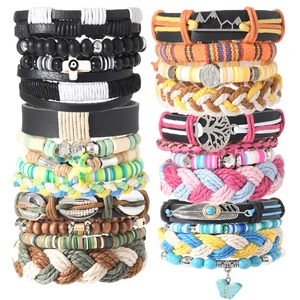 Bracelet Multicouche Bohème Perles Cuir Tressé Alliage Pendentifs Plume Étoile de Mer Arbre de Vie pour Femme Bijoux de Vacances