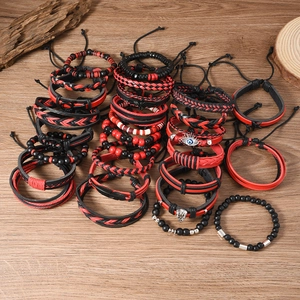 Ensemble de bracelets multicouches pour hommes avec breloques lion et aigle sur bois