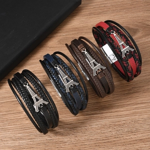 Vintage Men Multilayer PU Leather Woven Bracelet With Zinc Alloy Eiffel Tower Charm Magnetic Clasp Retro Fashion Jewelry