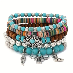Bohemian multi-layer beaded bracelet set with feather, bull head and cowboy boot charms